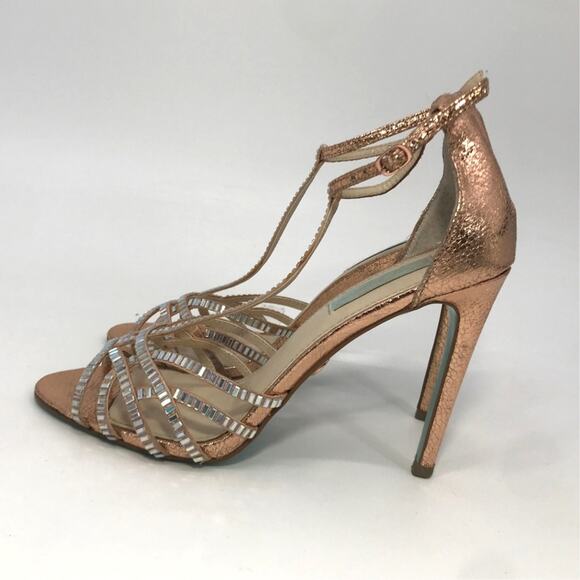 Betsey Johnson Ruby Metallic Rose Gold Rhinestone Strappy Heels Womens 9.5 - Picture 1 of 10